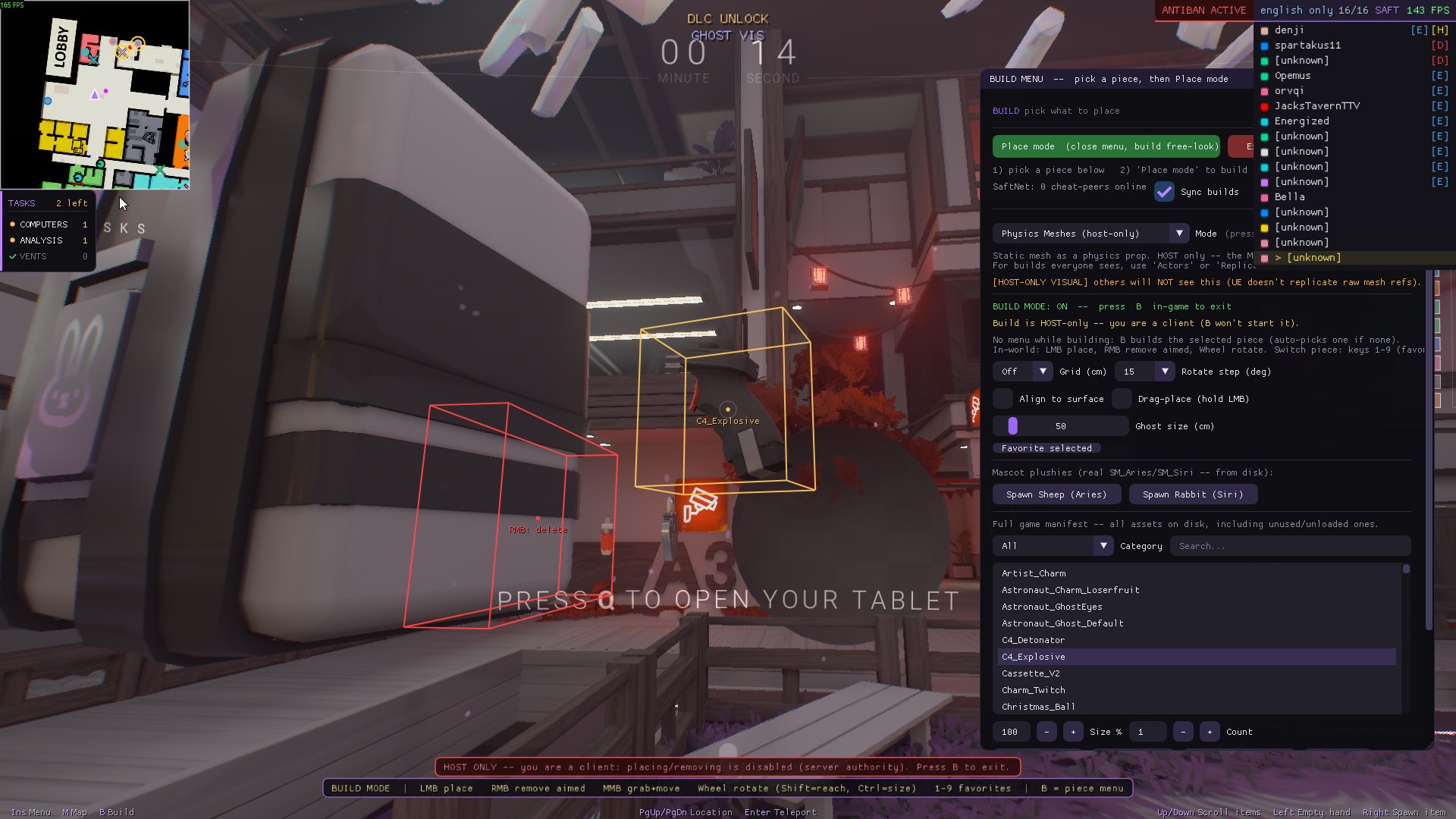 World tab with build mode controls